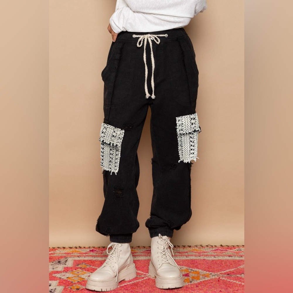 187B. Tie Waist Band Cargo Denim Jogger - Black